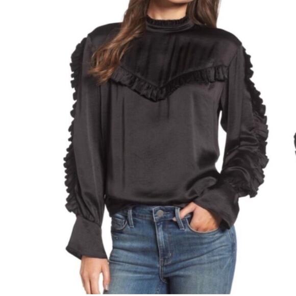 Treasure & Bond x Something Navy Black Ruffle Satin like Blouse - Picture 1 of 8